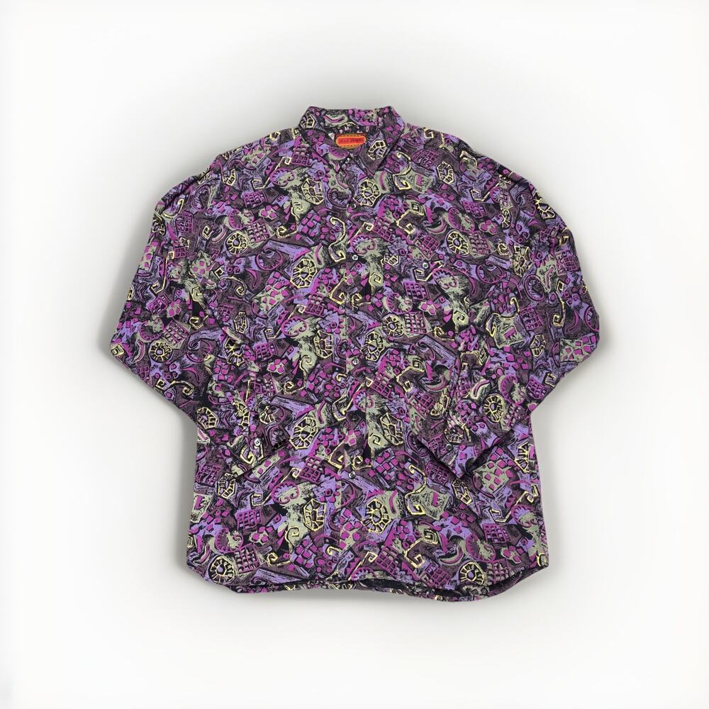 VINTAGE Shah Safari Rayon Shirt Mens Large Purple Long Sleeve Abstract Funky